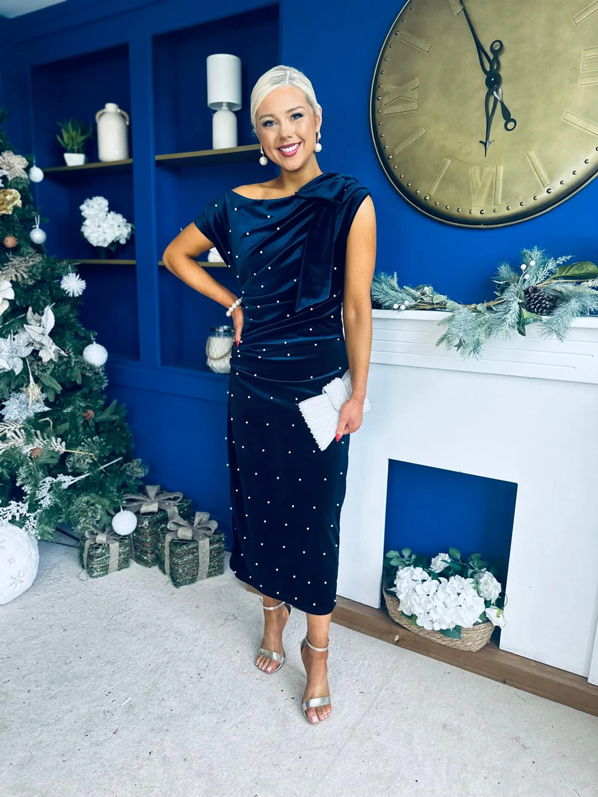 Nicole Bow Detail Pearl Embellished Dress Navy - Image 3