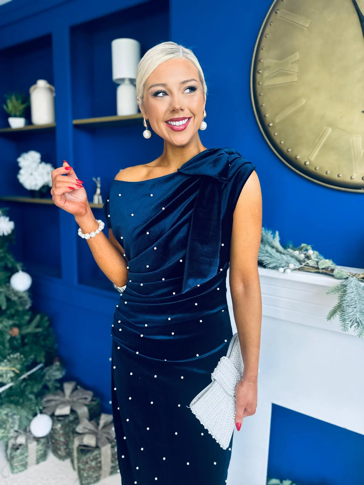 Nicole Bow Detail Pearl Embellished Dress Navy - Image 4