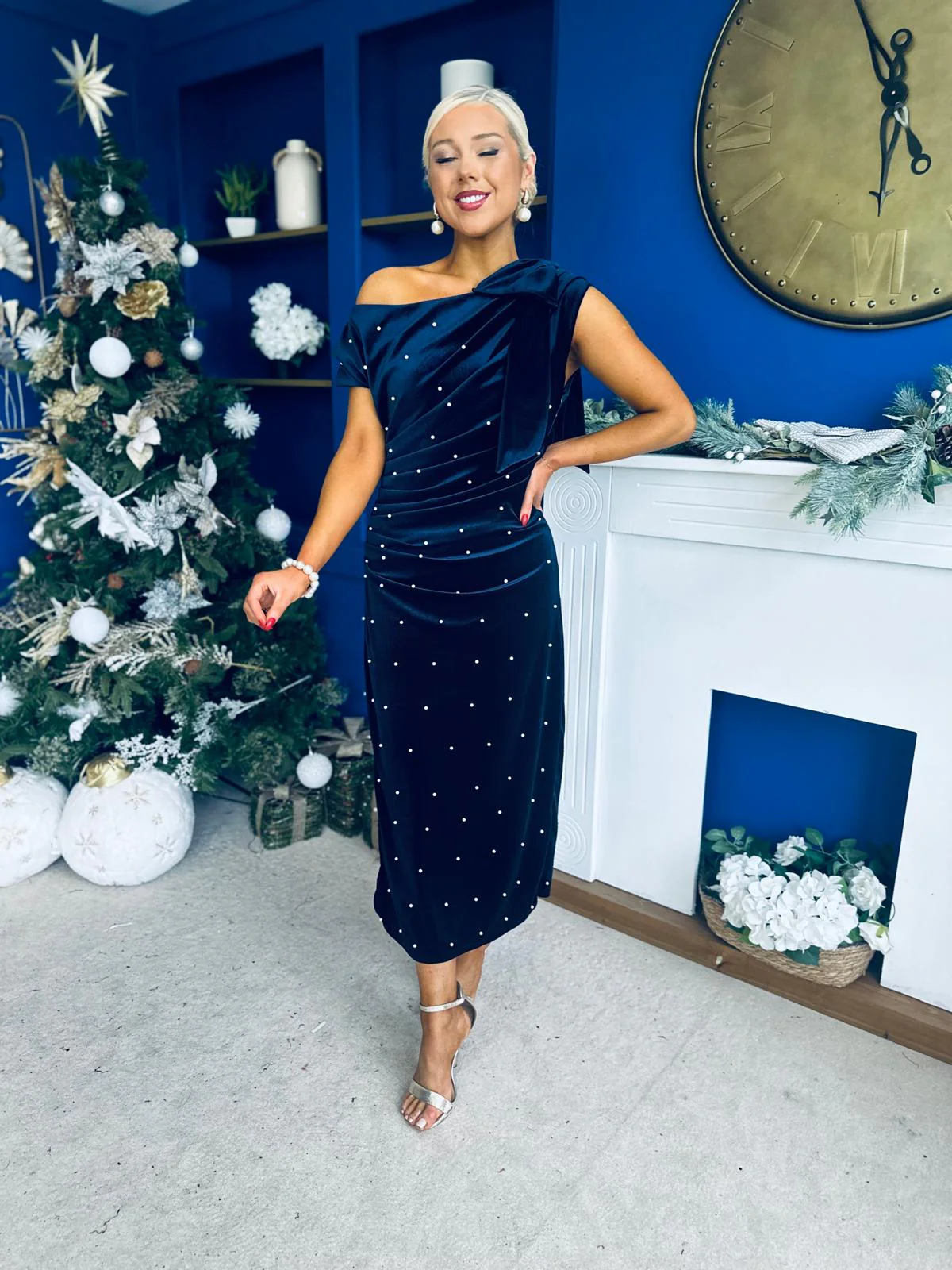 Nicole Bow Detail Pearl Embellished Dress Navy - Image 6