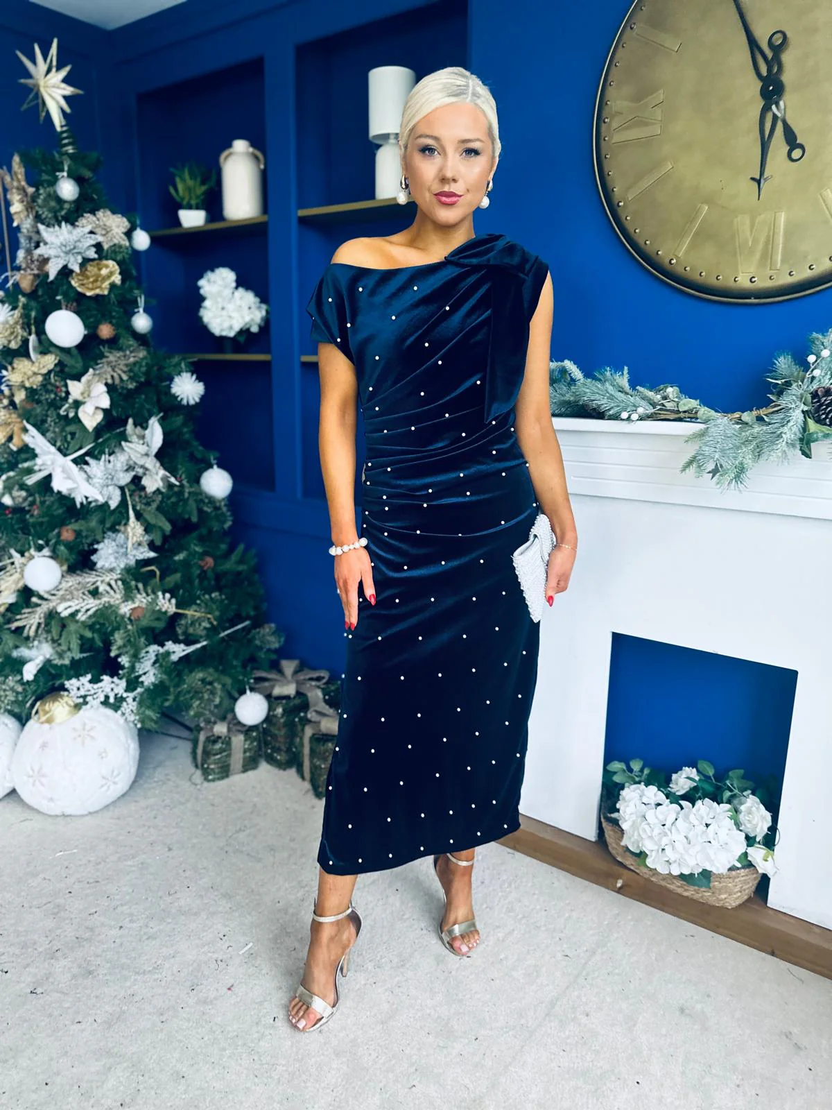 Nicole Bow Detail Pearl Embellished Dress Navy - Image 7