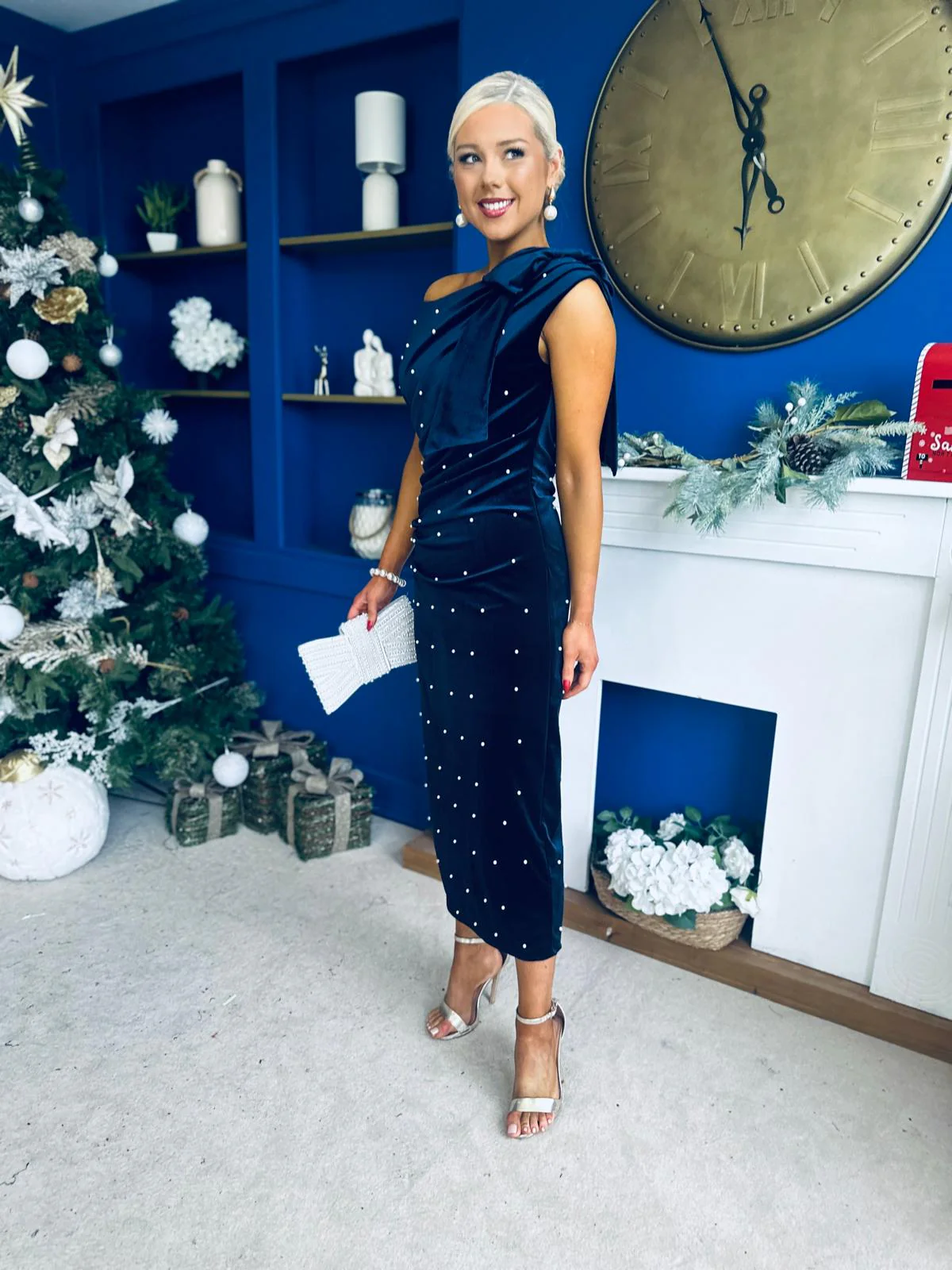 Nicole Bow Detail Pearl Embellished Dress Navy - Image 8