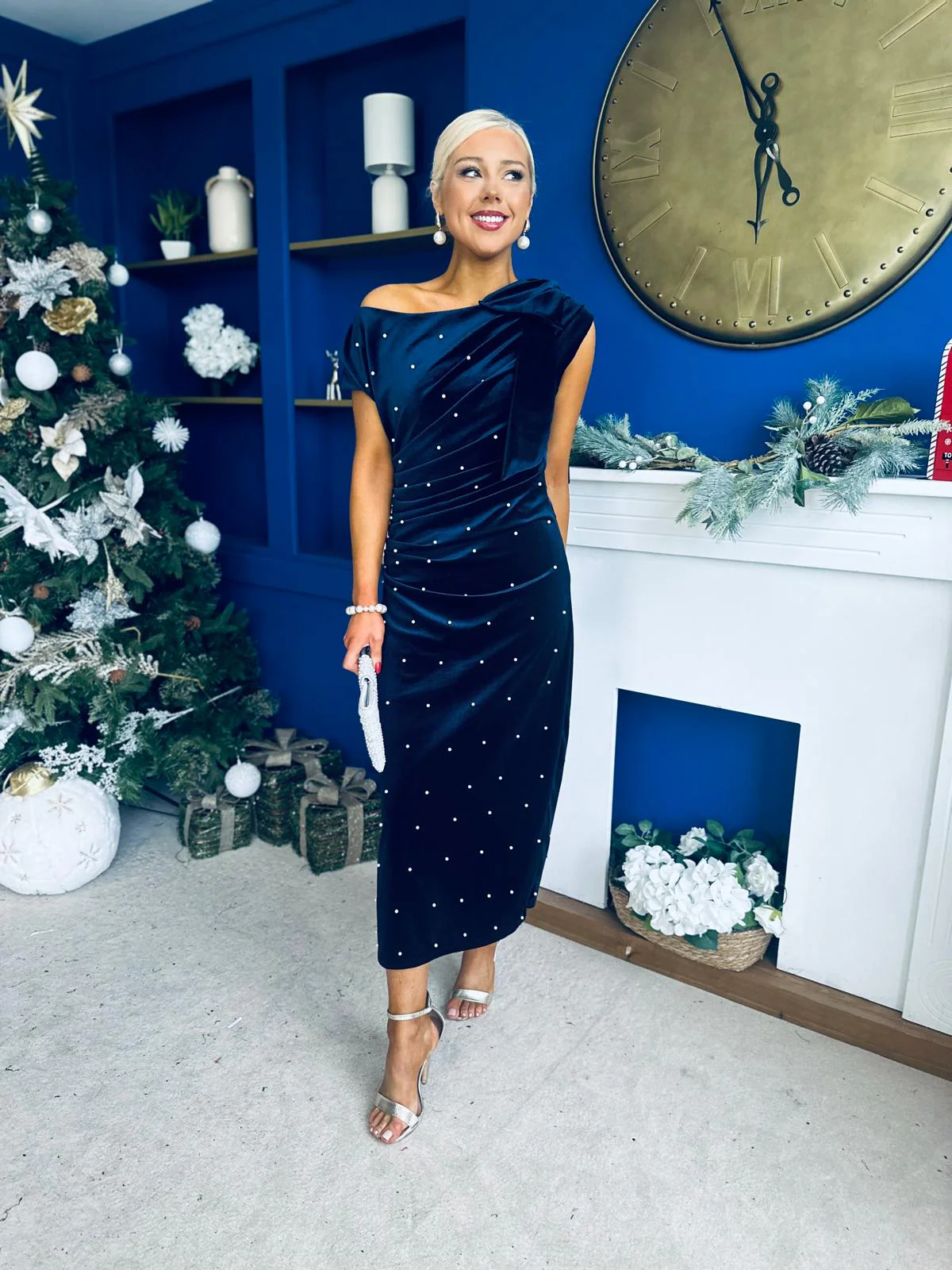 Nicole Bow Detail Pearl Embellished Dress Navy - Image 9