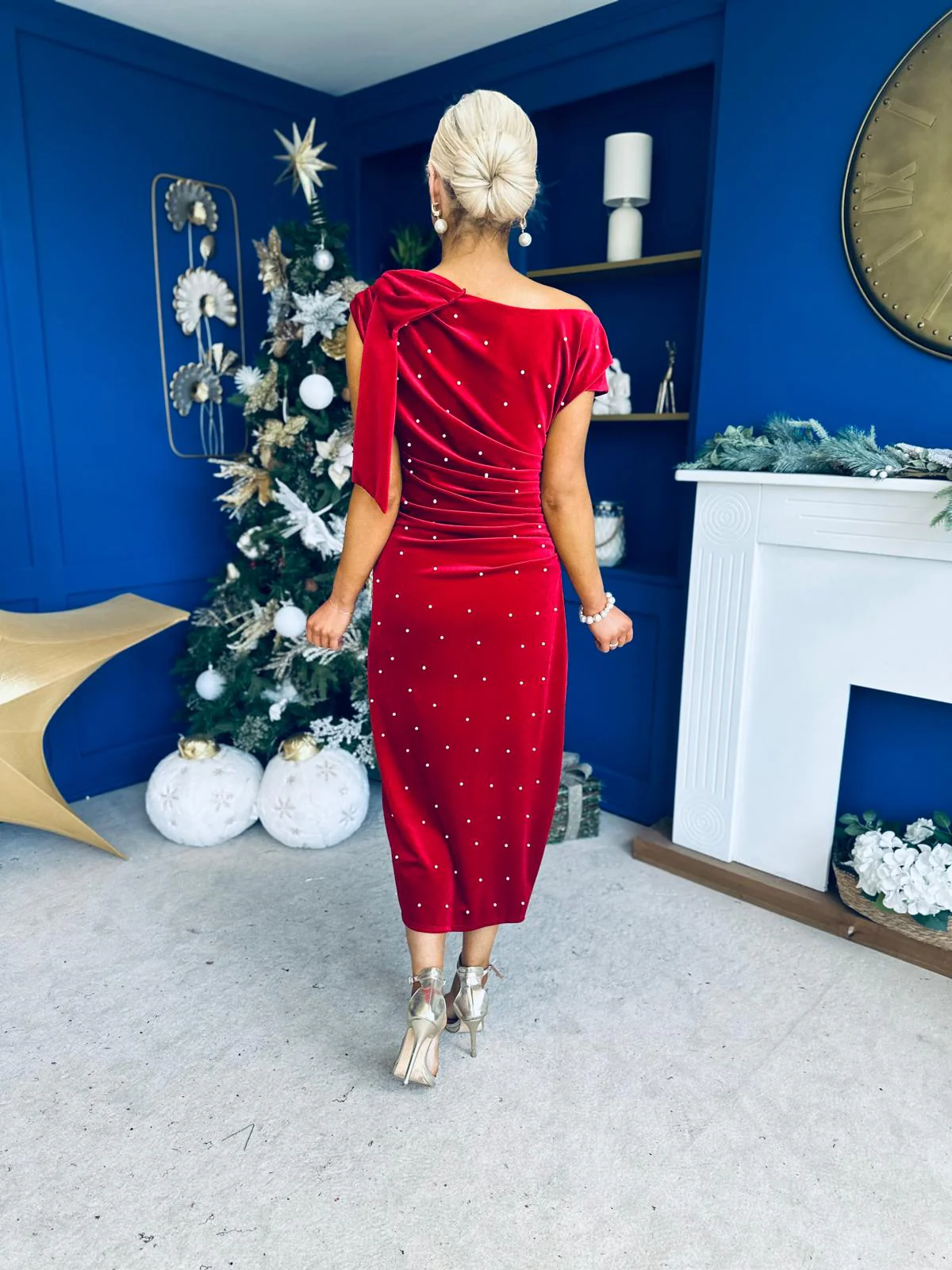 Nicole Bow Detail Pearl Embellished Dress Red - Image 10