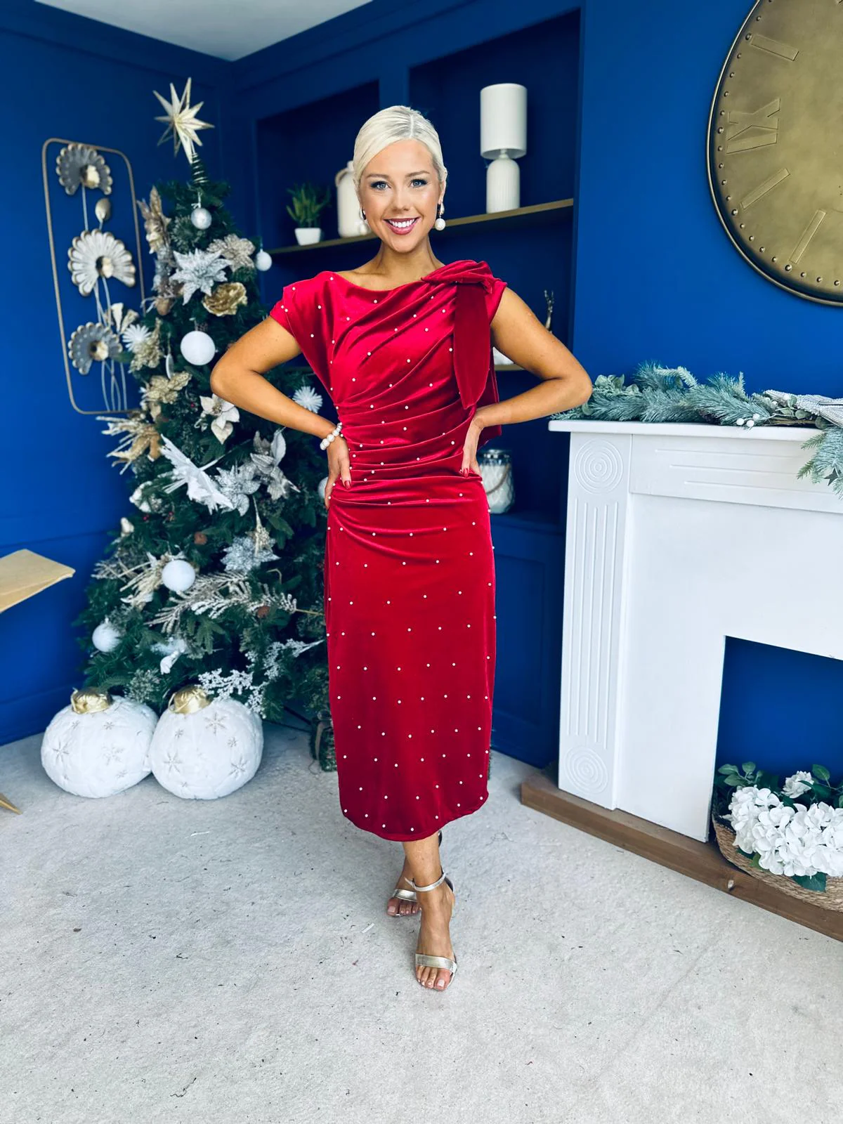 Nicole Bow Detail Pearl Embellished Dress Red - Image 3