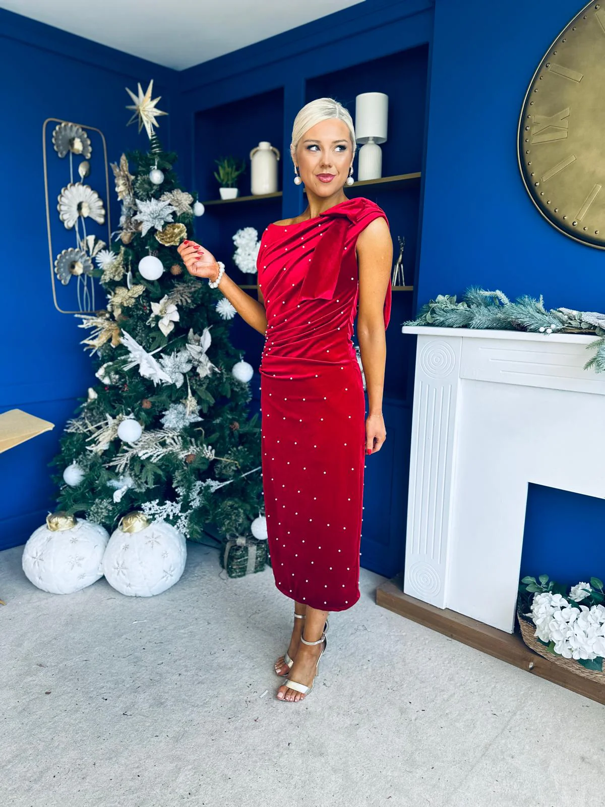 Nicole Bow Detail Pearl Embellished Dress Red - Image 4