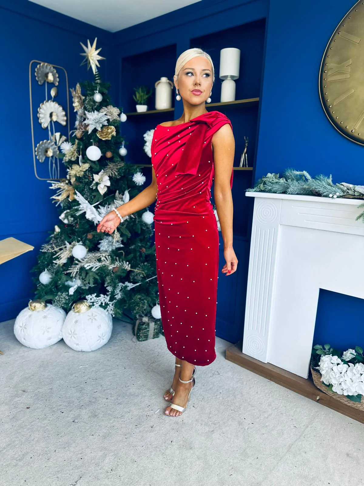 Nicole Bow Detail Pearl Embellished Dress Red - Image 6