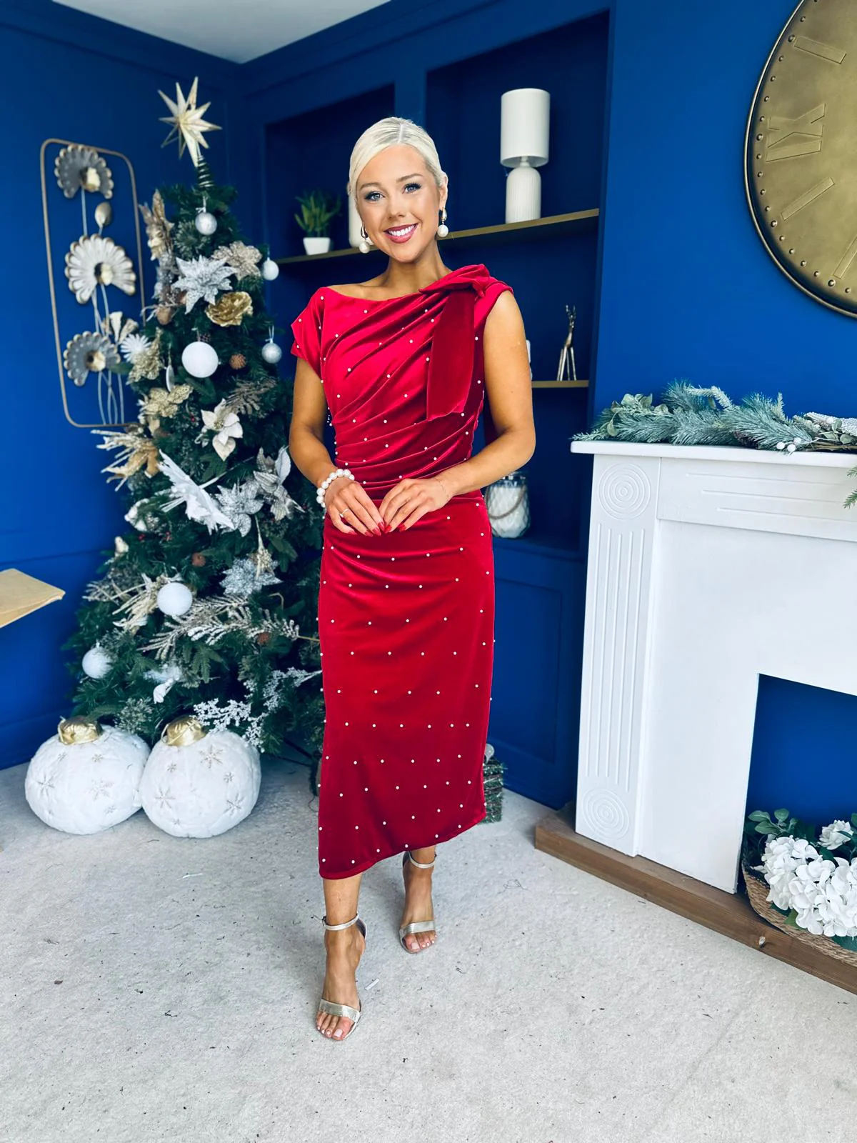 Nicole Bow Detail Pearl Embellished Dress Red - Image 7