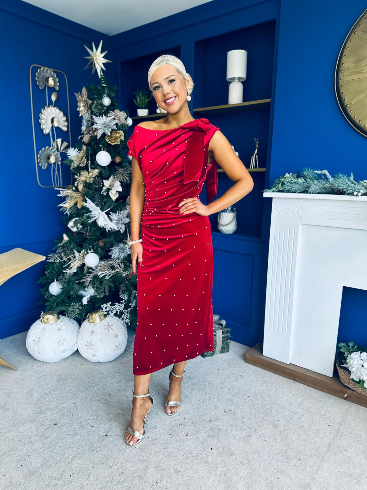 Nicole Bow Detail Pearl Embellished Dress Red - Image 8