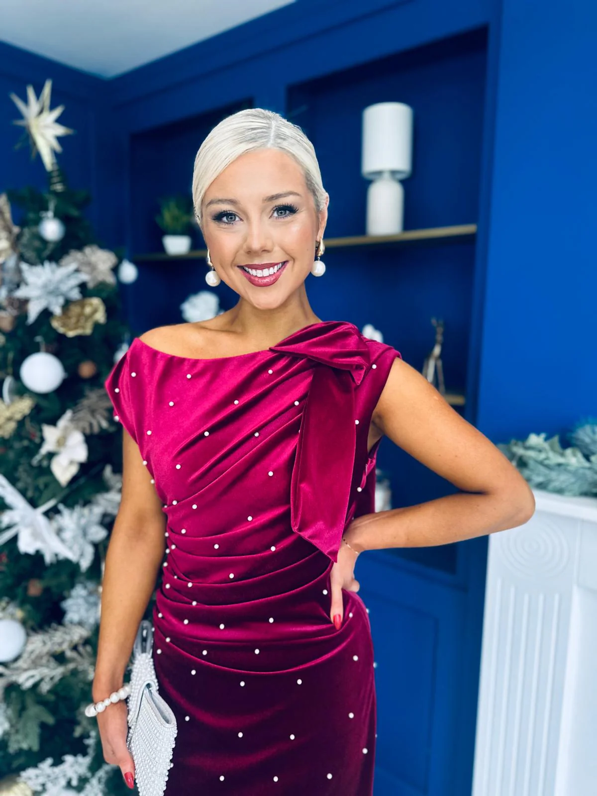 Nicole Bow Detail Pearl Embellished Dress Wine - Image 10