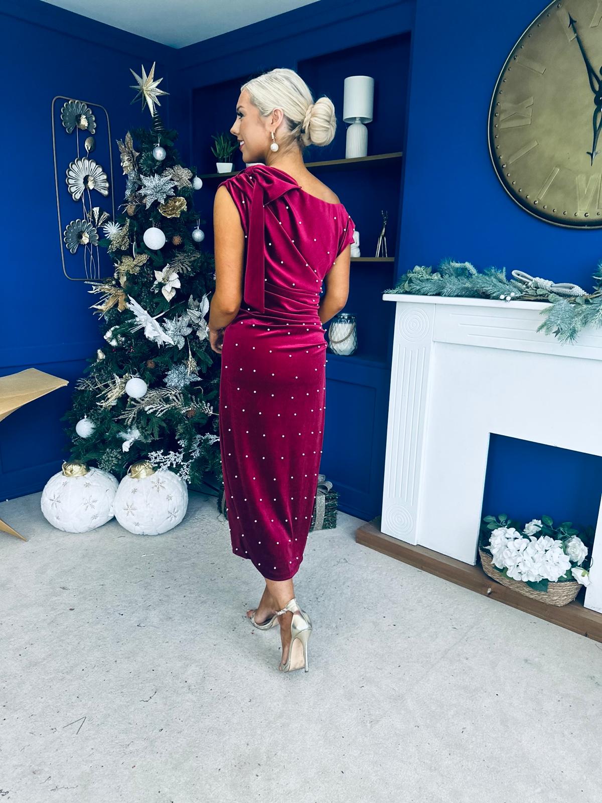 Nicole Bow Detail Pearl Embellished Dress Wine - Image 12