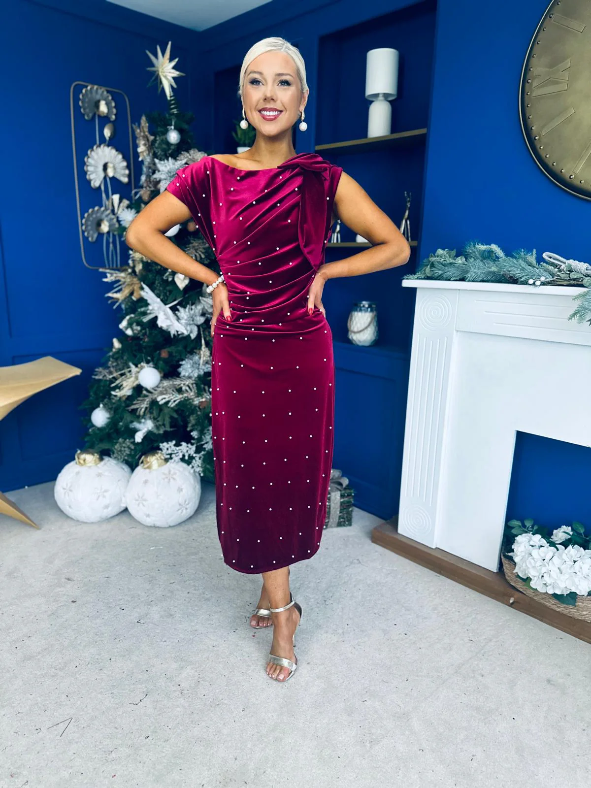 Nicole Bow Detail Pearl Embellished Dress Wine - Image 4