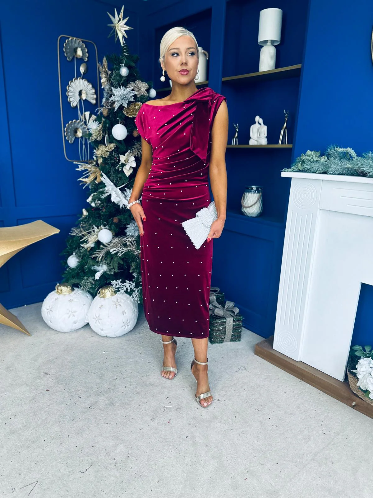 Nicole Bow Detail Pearl Embellished Dress Wine - Image 7