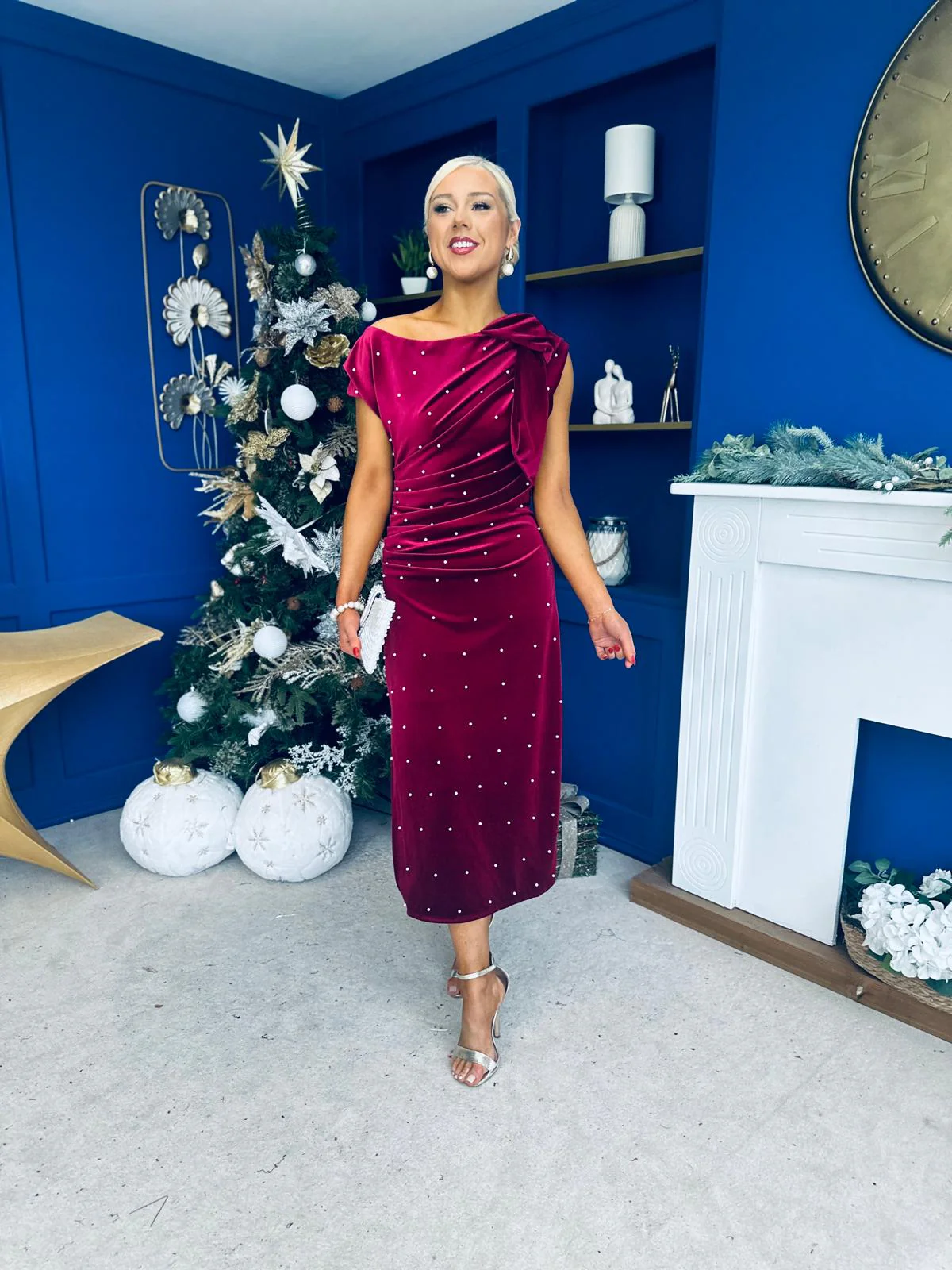 Nicole Bow Detail Pearl Embellished Dress Wine - Image 9