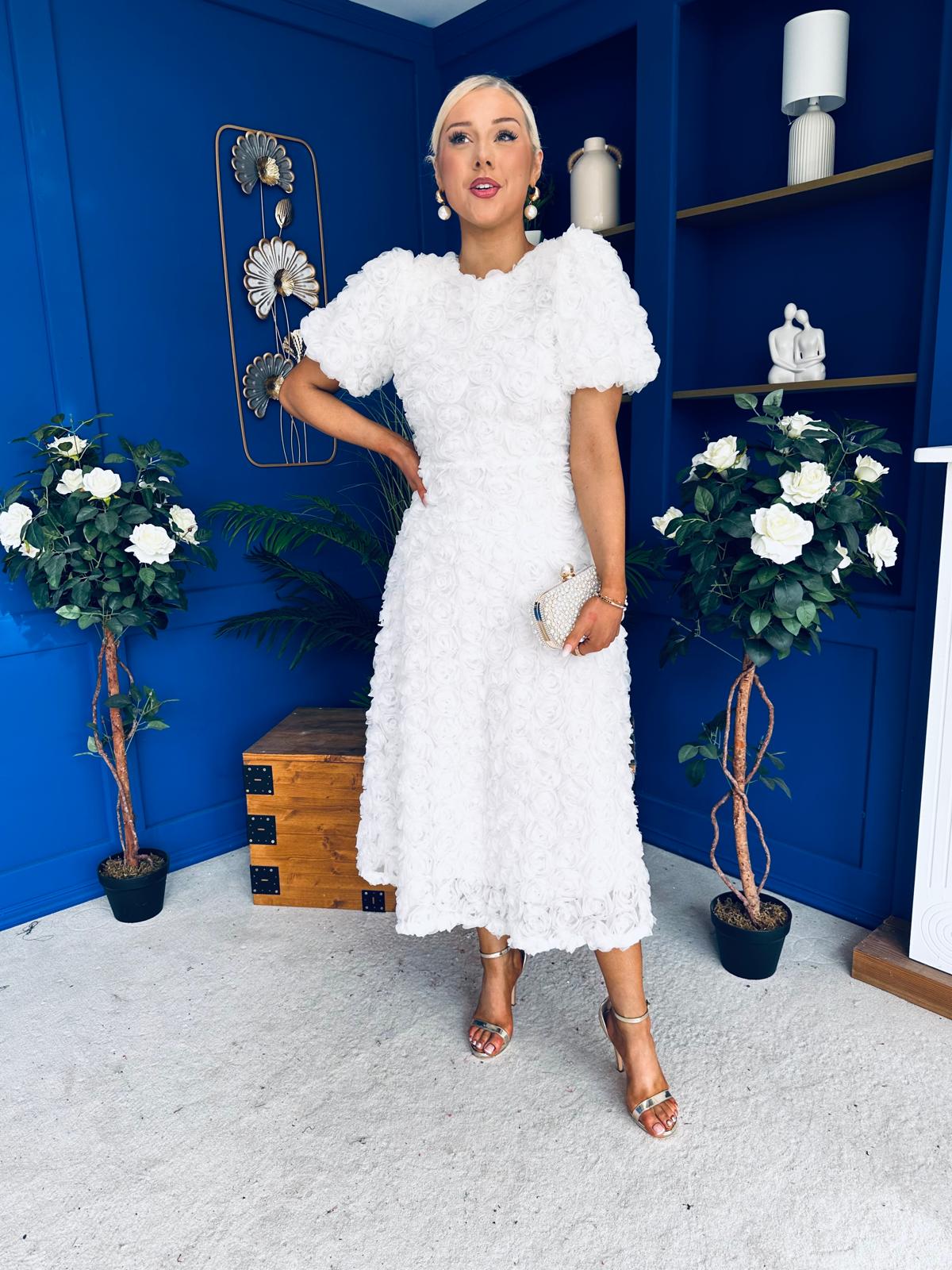 Pippa 3D Floral Occasion Dress White - Image 3