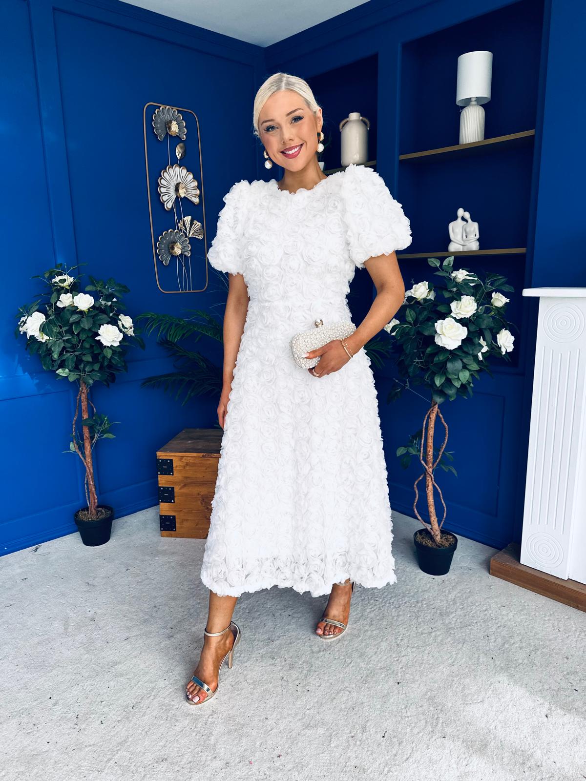 Pippa 3D Floral Occasion Dress White - Image 7