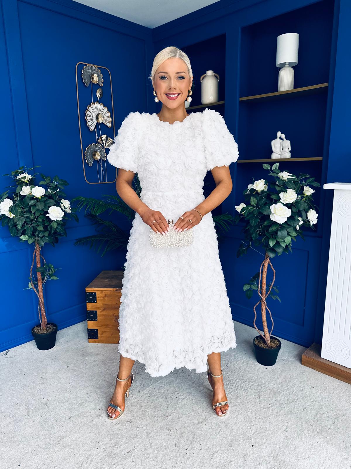 Pippa 3D Floral Occasion Dress White - Image 9