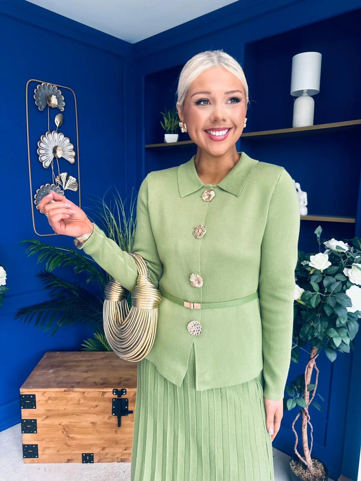 Polly Detailed Skirt & Cardi Set Soft Green - Image 3