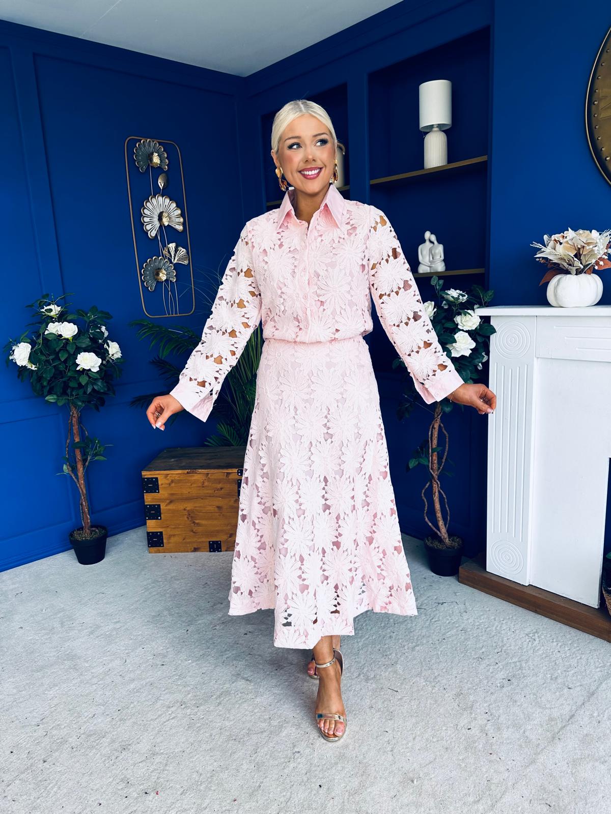 Riley Crochet Shirt & Skirt Set Pwr Pink - Image 3