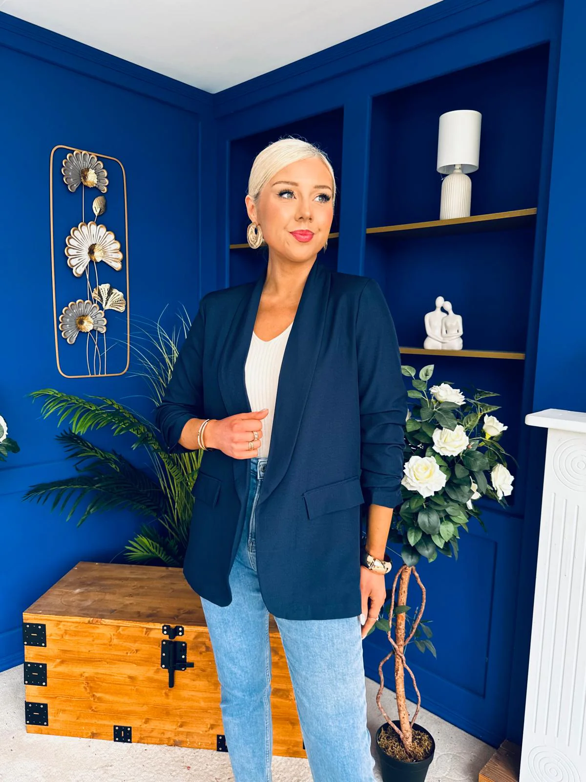 Sarah Gathered Sleeve Blazer Navy - Image 3