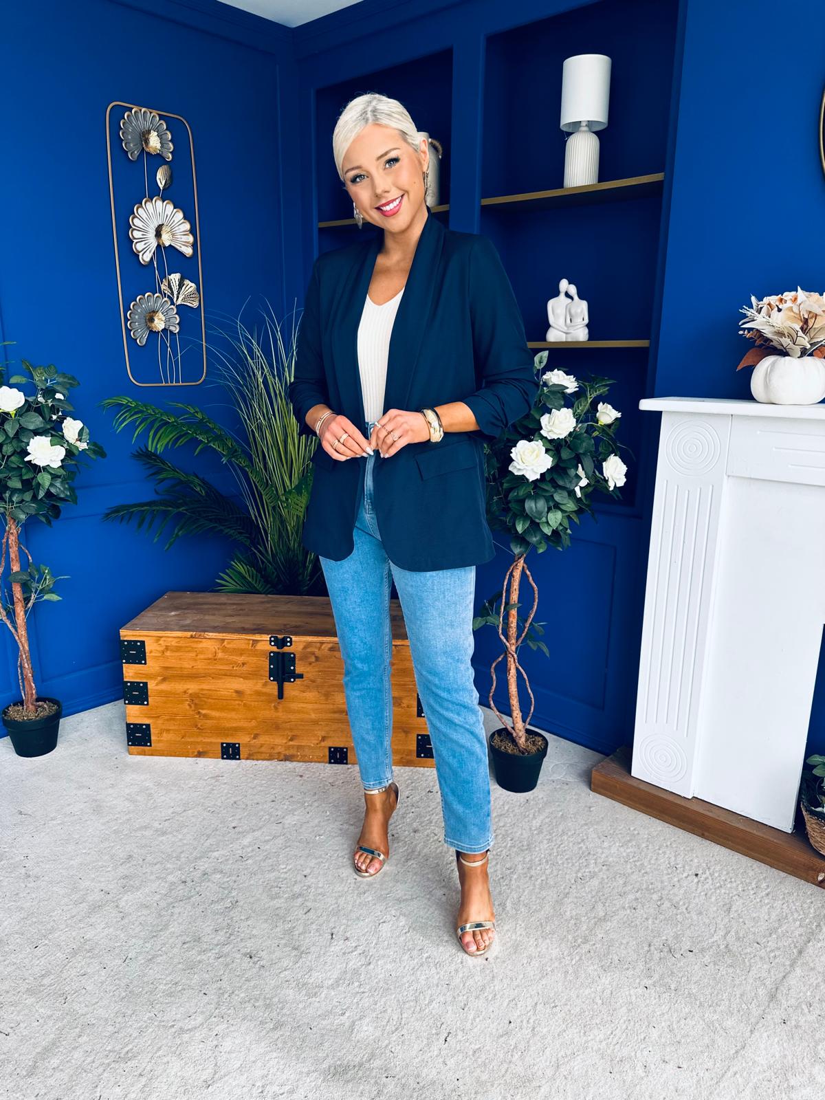 Sarah Gathered Sleeve Blazer Navy - Image 4