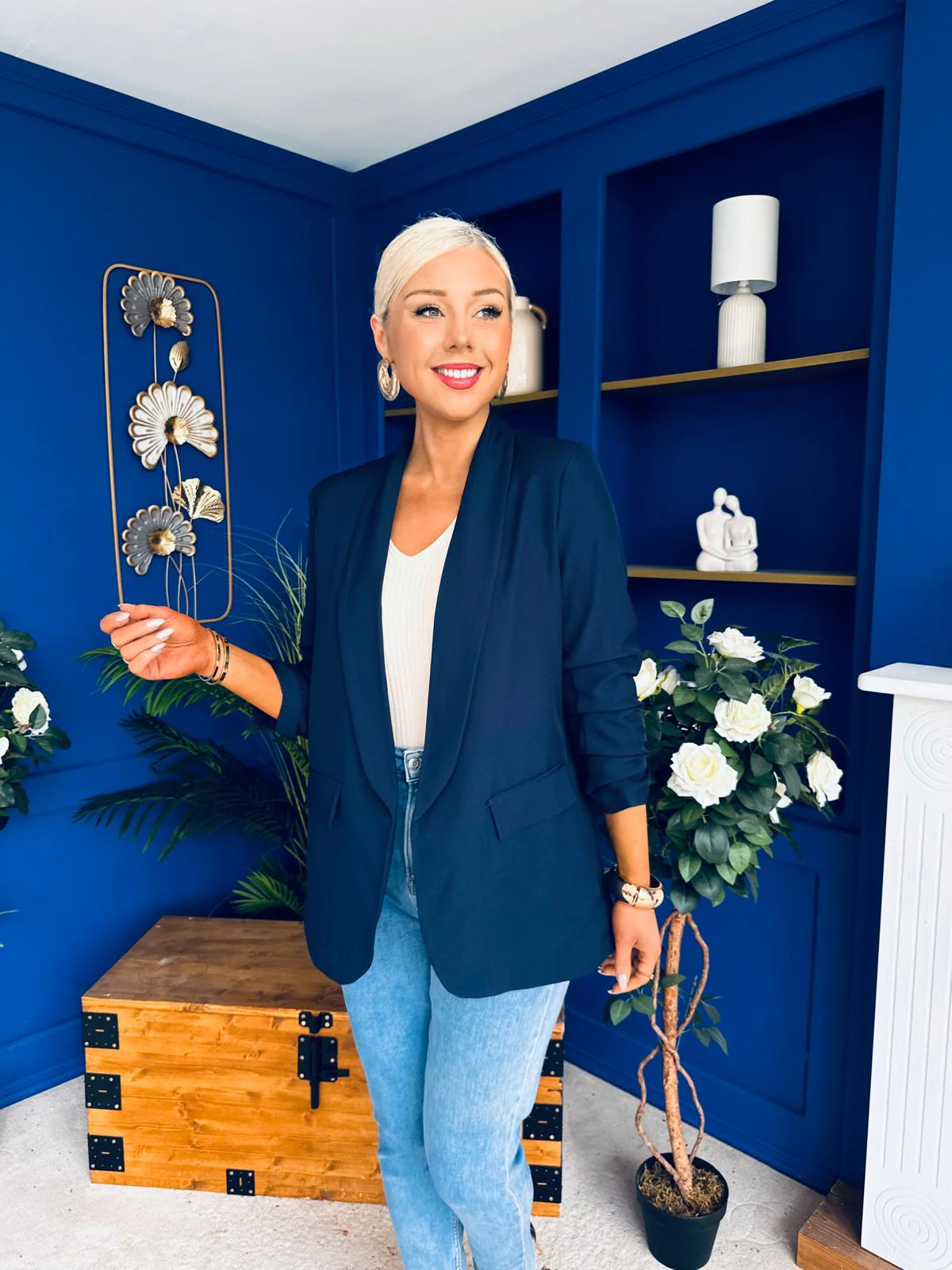 Sarah Gathered Sleeve Blazer Navy - Image 5