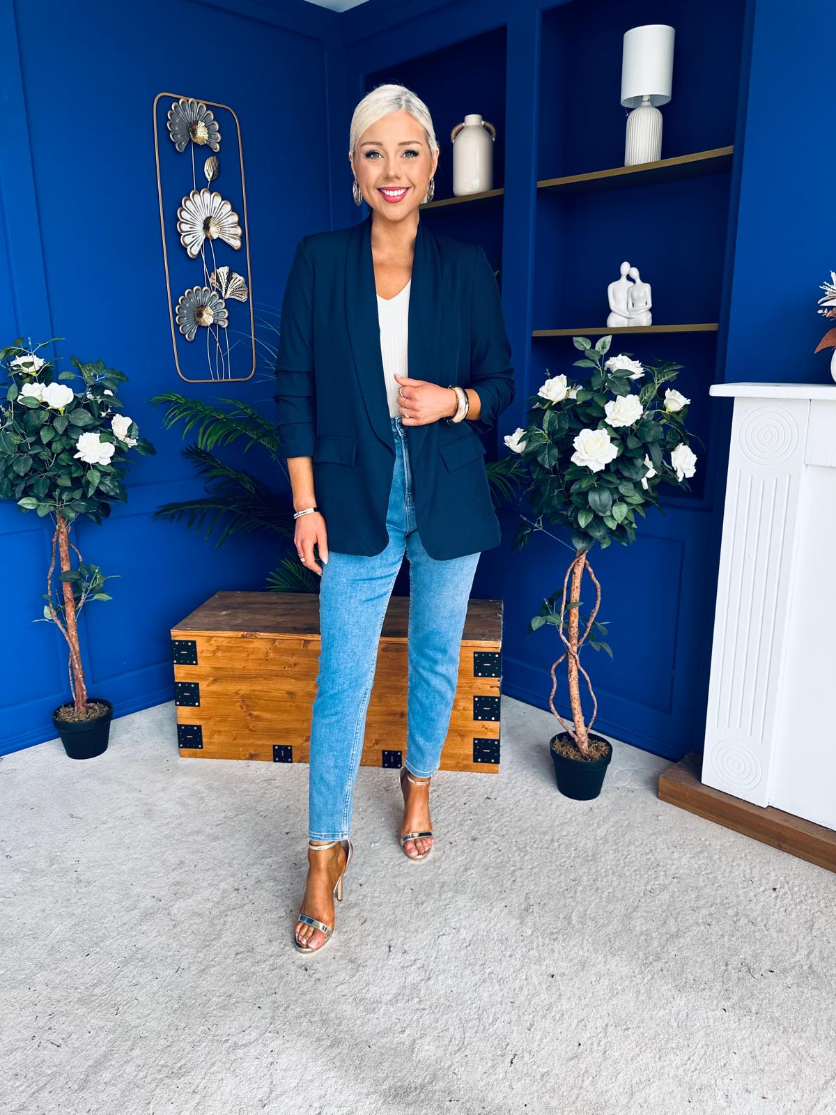 Sarah Gathered Sleeve Blazer Navy - Image 6