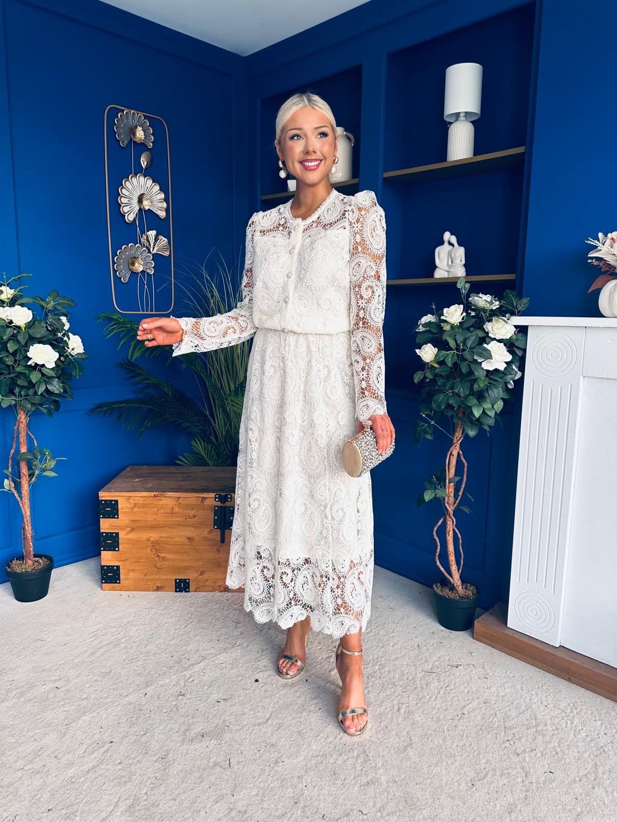 Sienna Crochet Skirt & Cardi Set Cream - Image 3