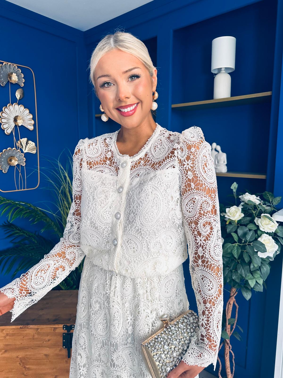 Sienna Crochet Skirt & Cardi Set Cream - Image 4