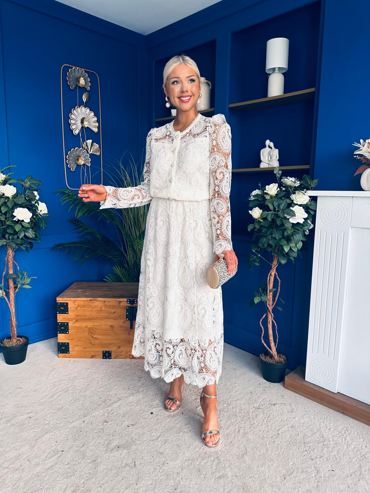 Sienna Crochet Skirt & Cardi Set Cream - Image 6