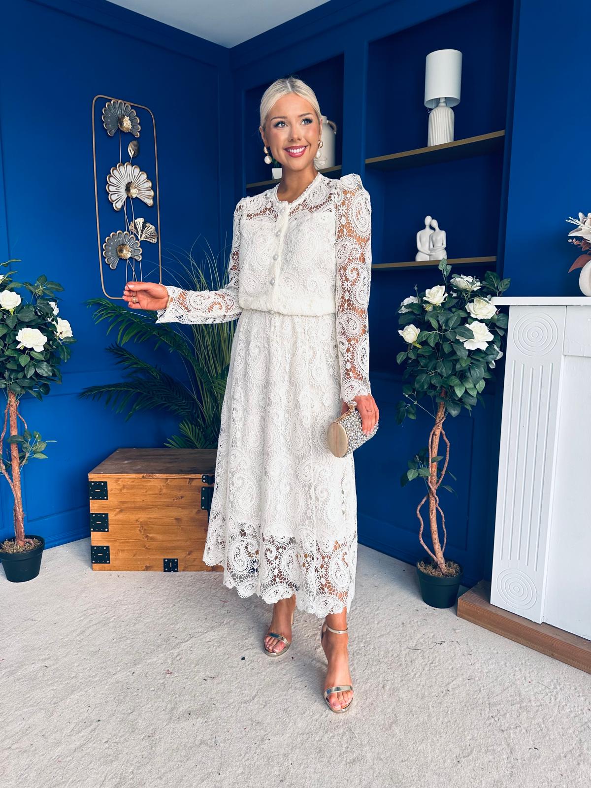 Sienna Crochet Skirt & Cardi Set Cream - Image 9