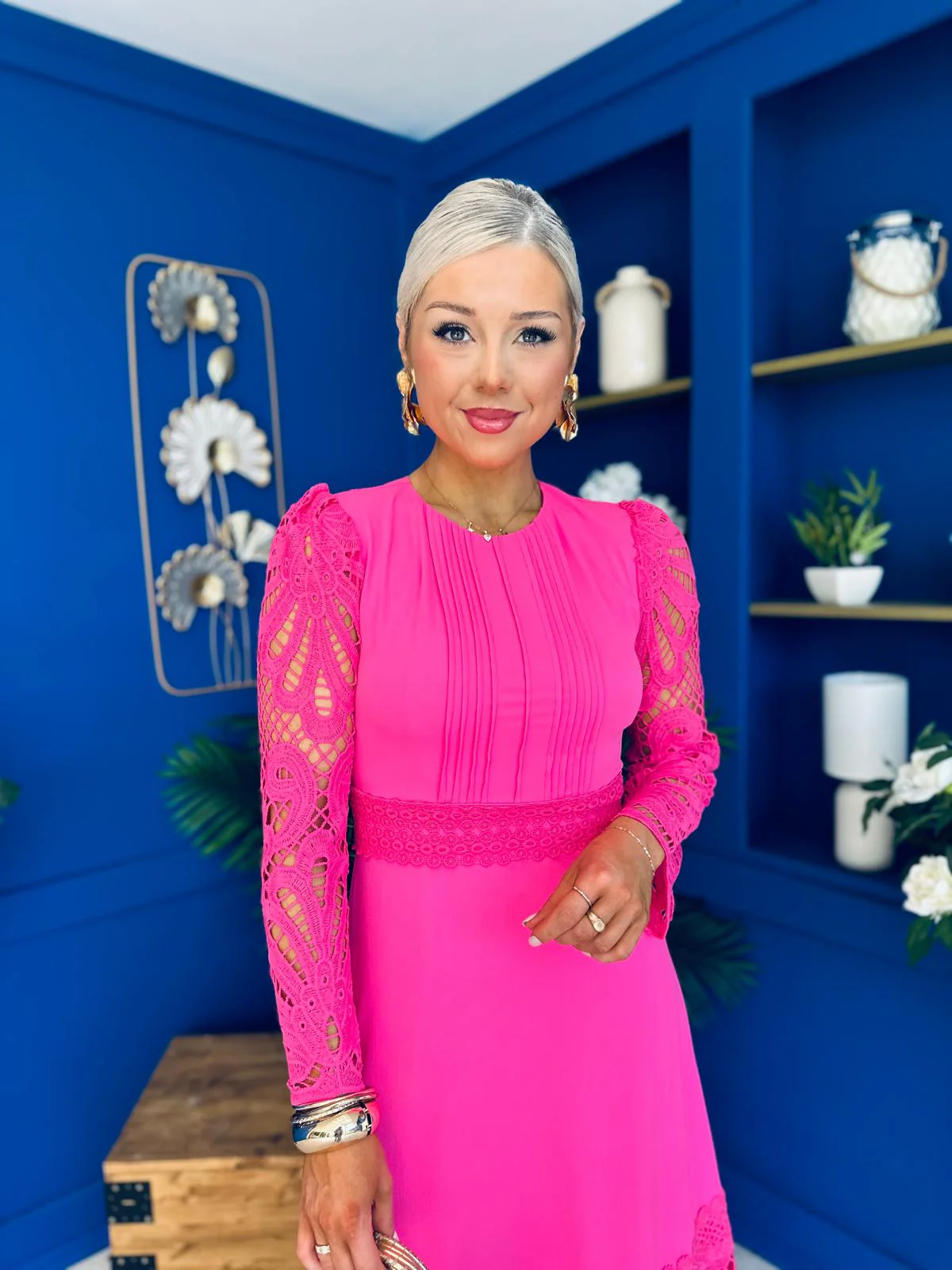 Tiffany Crochet Detail Occasion Dress Cerise - Image 3