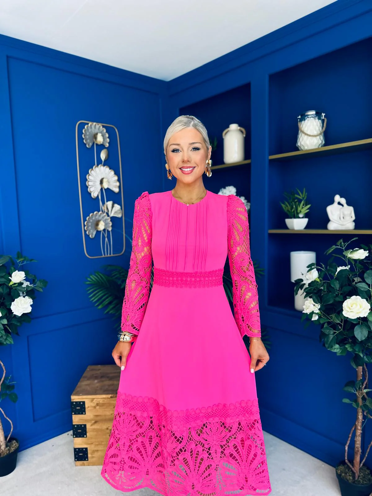 Tiffany Crochet Detail Occasion Dress Cerise - Image 4