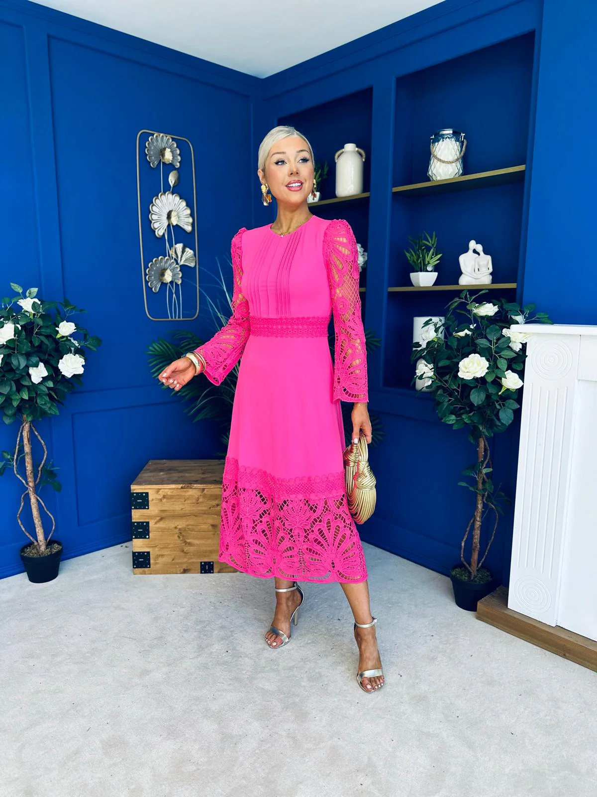 Tiffany Crochet Detail Occasion Dress Cerise - Image 5