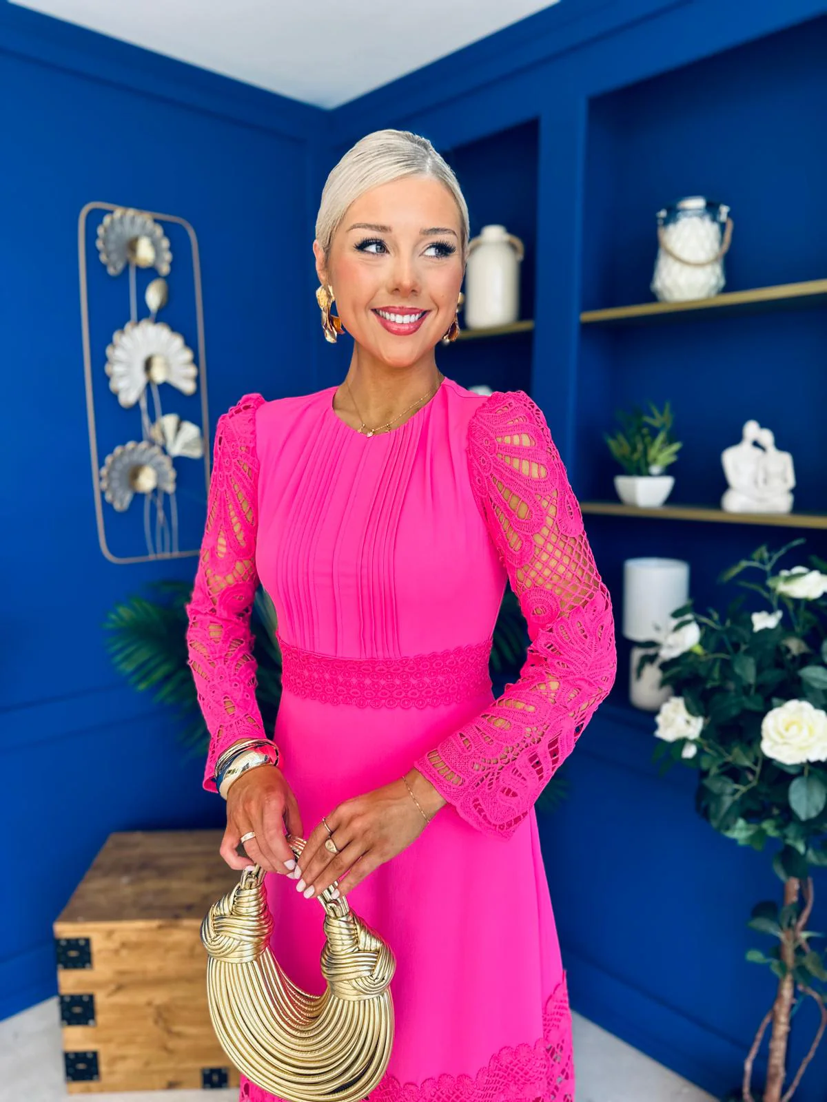 Tiffany Crochet Detail Occasion Dress Cerise - Image 6