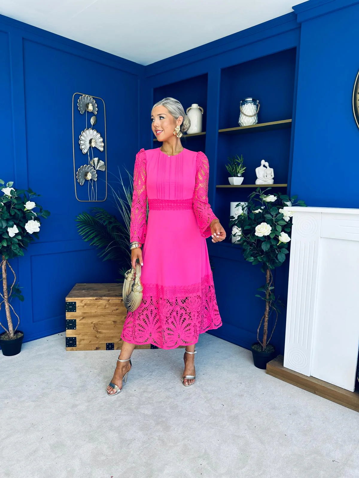 Tiffany Crochet Detail Occasion Dress Cerise - Image 7