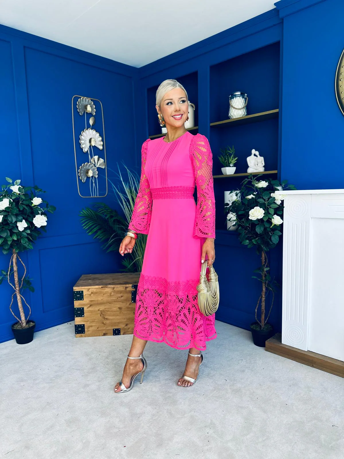 Tiffany Crochet Detail Occasion Dress Cerise - Image 8